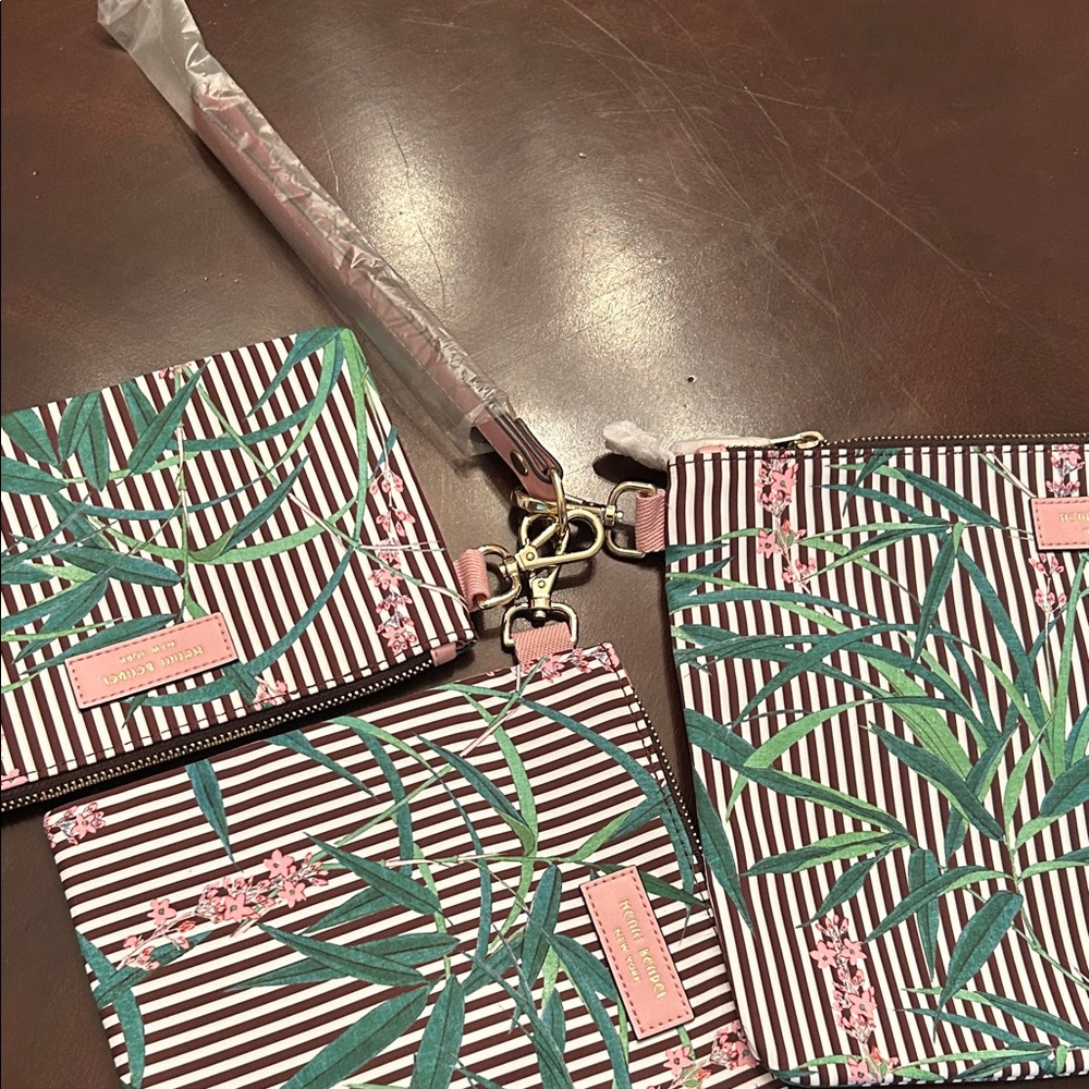 henri bendel Pink Floral & Green Pam Leaf Striped Trio Pouch Set - Picture 5 of 5